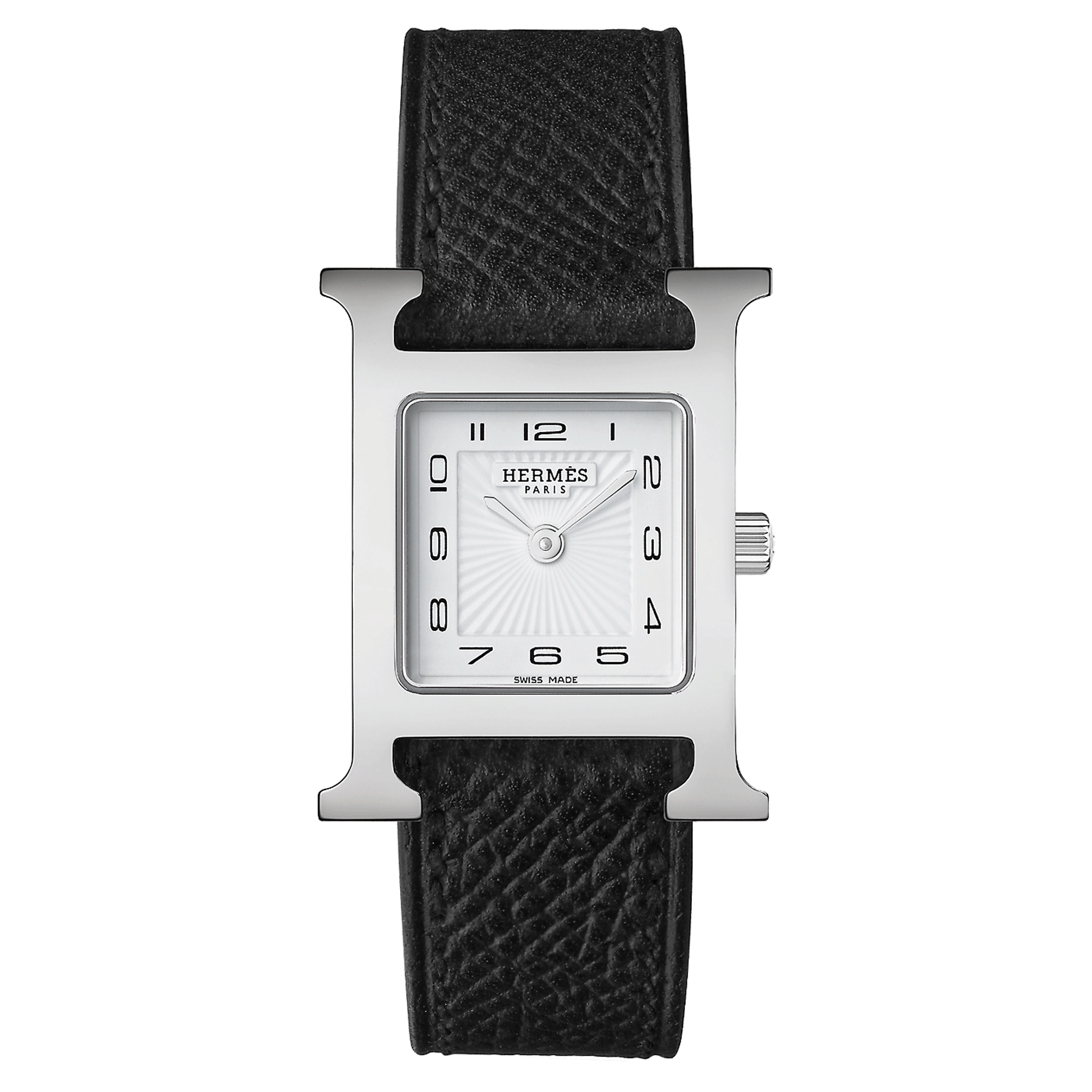 HERMÈS Heure H Small Model watch quartz white dial black leather strap 25 mm