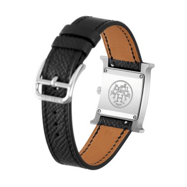 HERMÈS Heure H Small Model watch quartz white dial black leather strap 25 mm