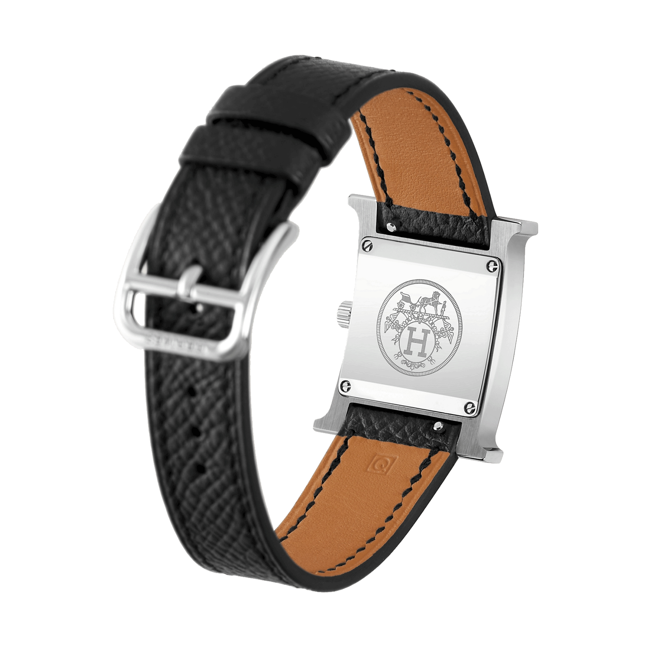 HERMÈS Heure H Small Model watch quartz white dial black leather strap 25 mm