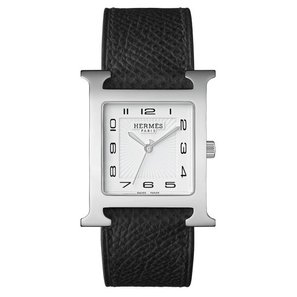Montre HERMÈS Heure H Grand Modèle quartz cadran blanc bracelet cuir noir 34 mm W036832WW00