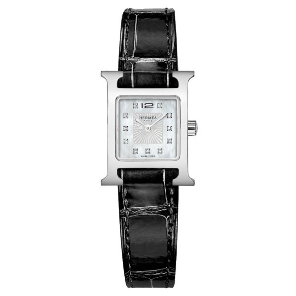 HERMÈS Heure H Mini Model watch quartz diamond hour markers white mother-of-pearl dial black croco leather strap 21 mm