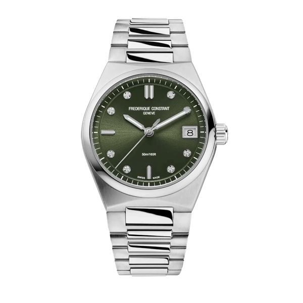 Montre Frédérique Constant Highlife Ladies quartz cadran vert et diamants bracelet acier 31 mm