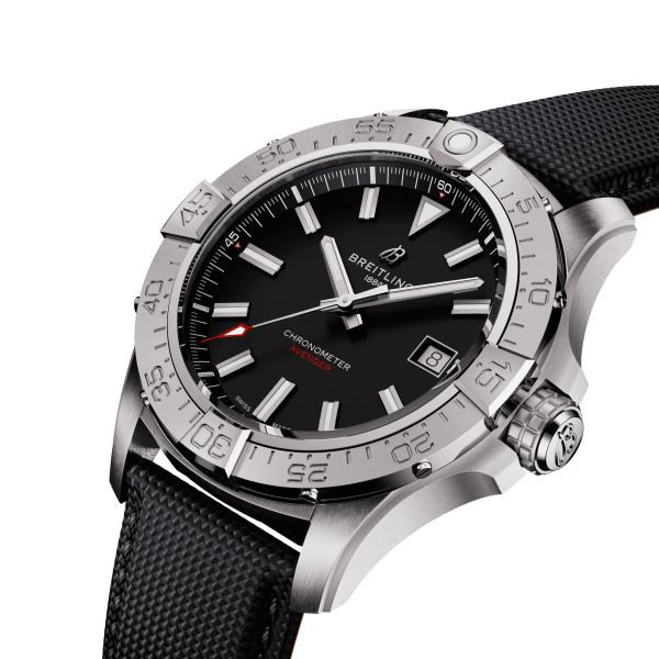 Breitling Avenger automatic watch black dial black leather strap 42 mm