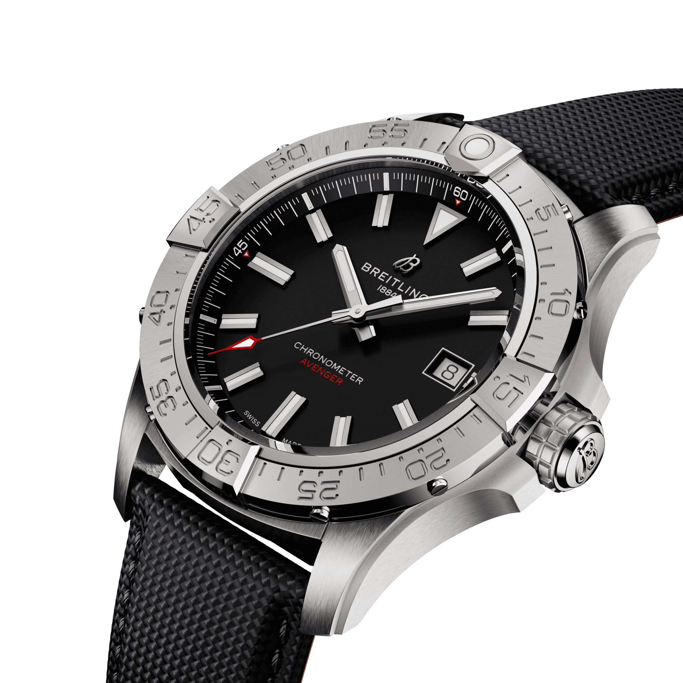 Breitling Avenger automatic watch black dial black leather strap 42 mm