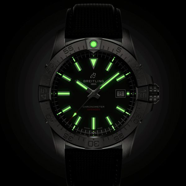 Breitling Avenger automatic watch black dial black leather strap 42 mm