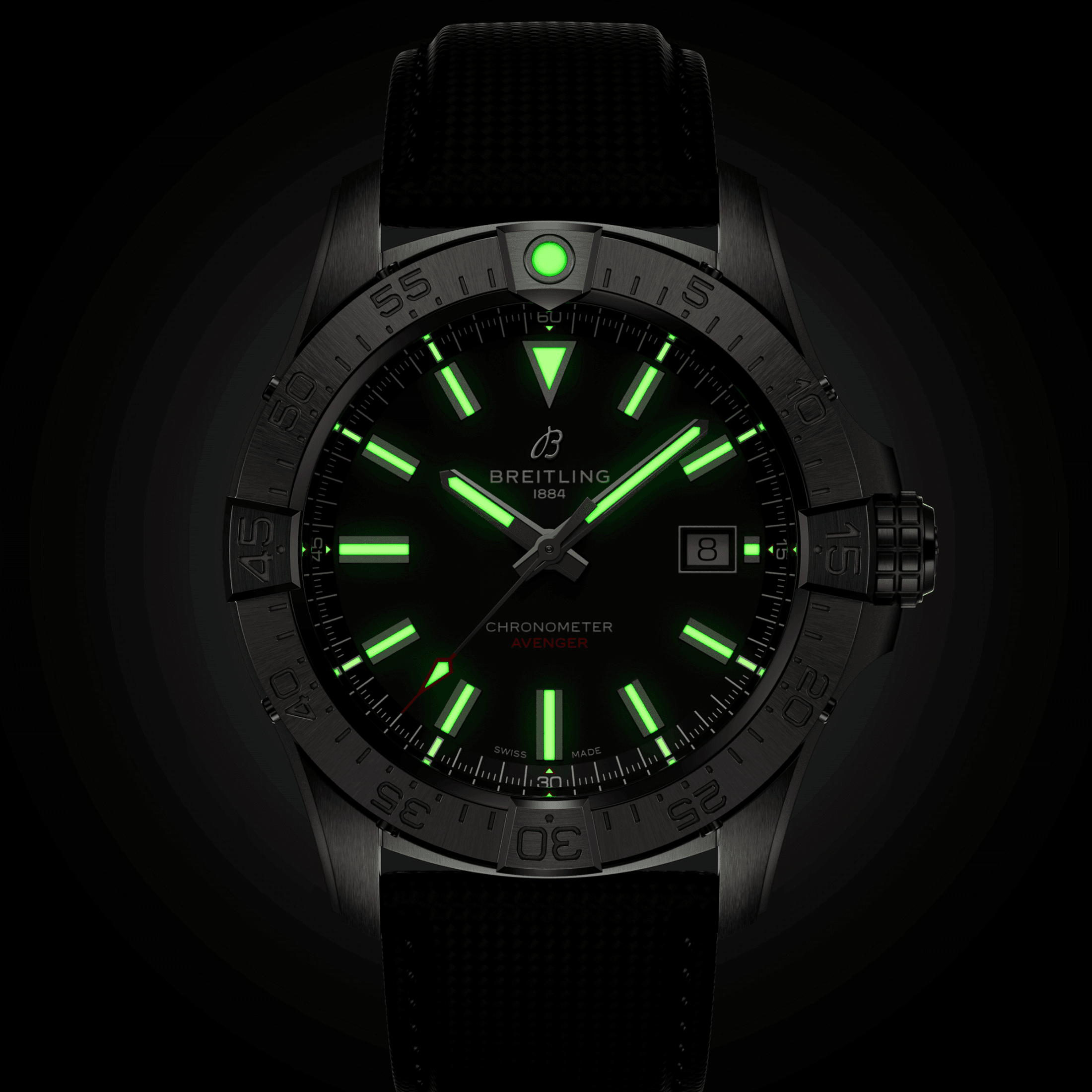 Breitling Avenger automatic watch black dial black leather strap 42 mm