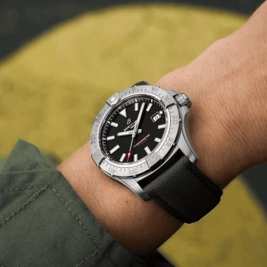 Breitling Avenger automatic watch black dial black leather strap 42 mm