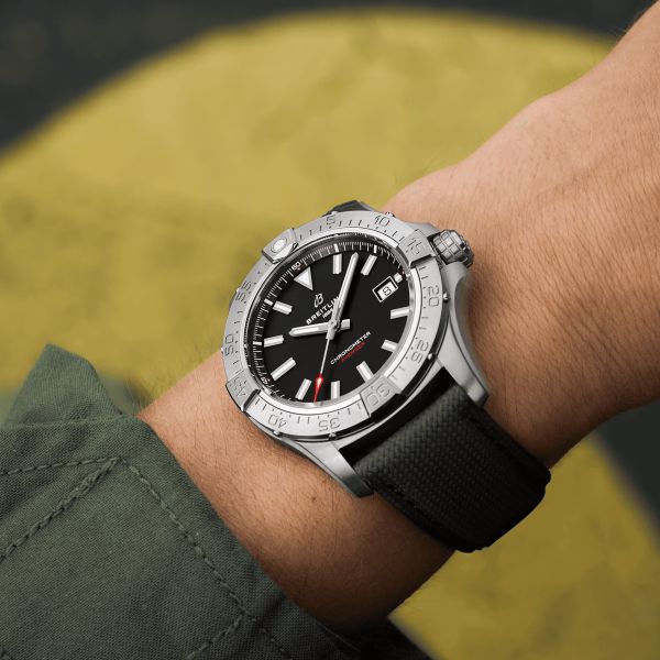 Breitling Avenger automatic watch black dial black leather strap 42 mm