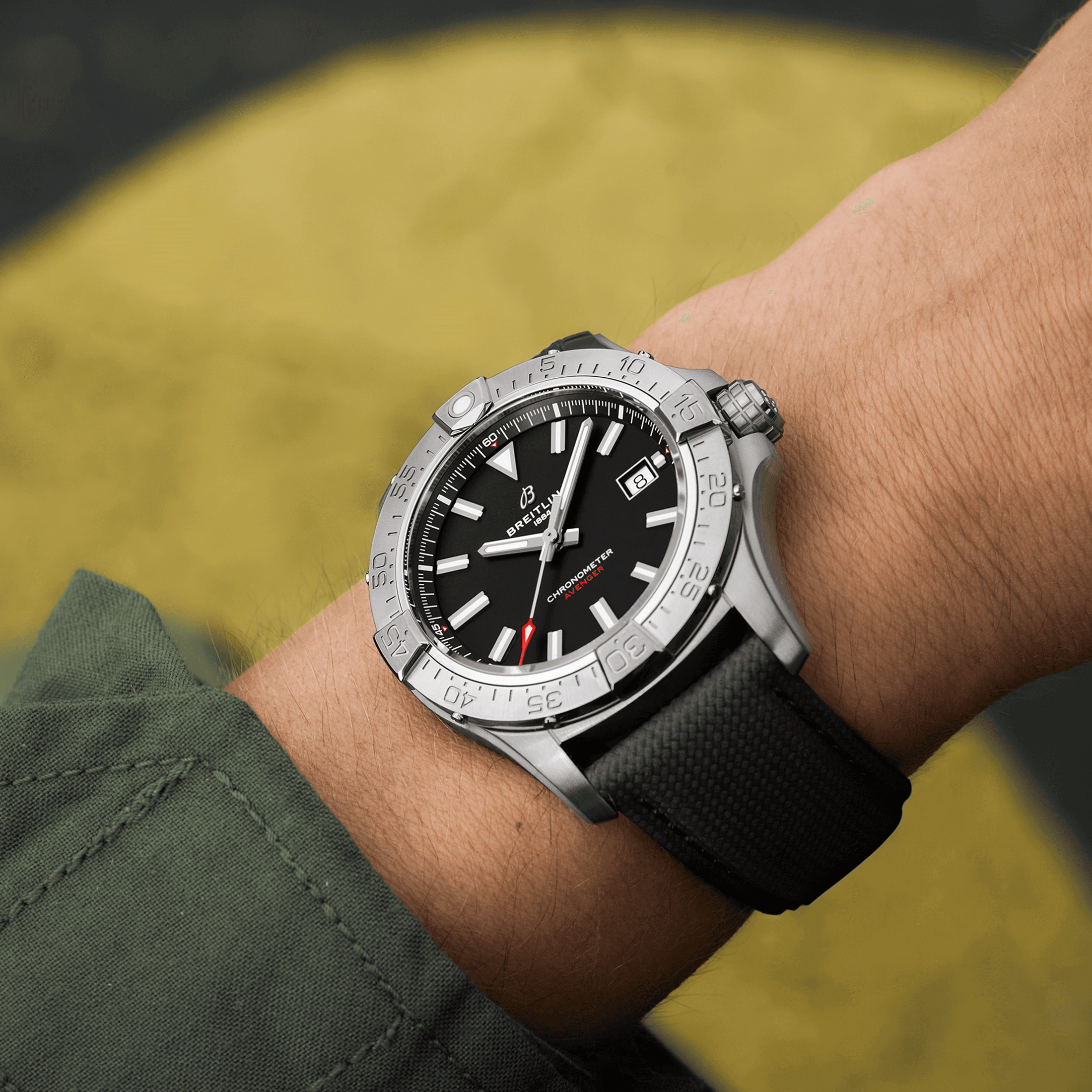 Breitling Avenger automatic watch black dial black leather strap 42 mm