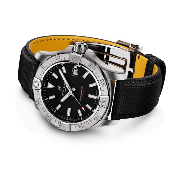 Breitling Avenger automatic watch black dial black leather strap 42 mm