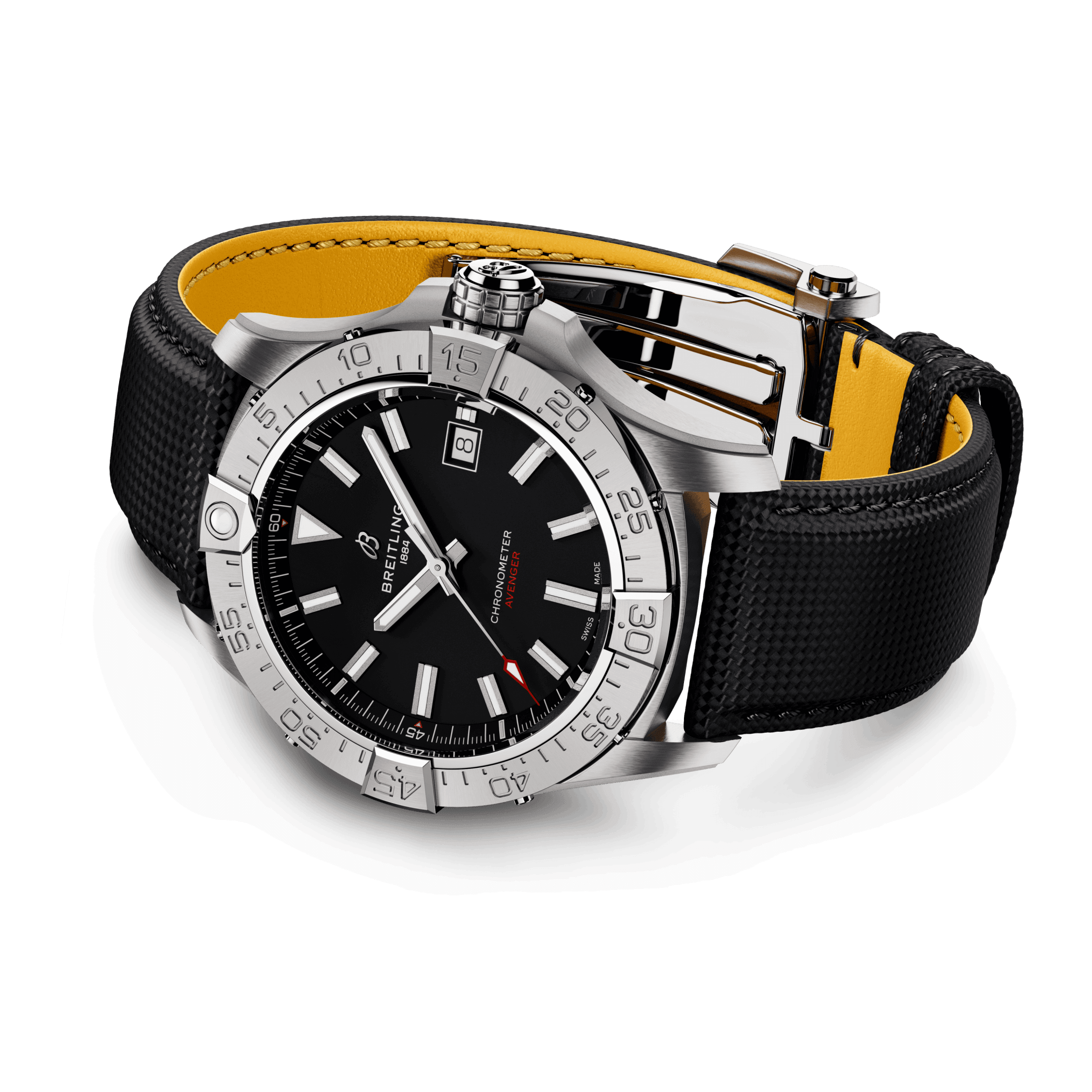 Breitling Avenger automatic watch black dial black leather strap 42 mm