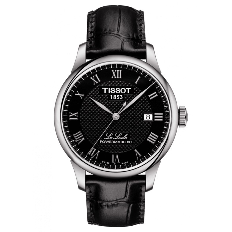 Montre Tissot T-Classic Le Locle Powermatic 80 cadran noir chiffres romains bracelet cuir noir 39,3 mm T006.407.16.053.00