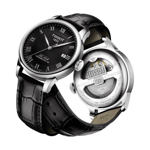 Montre Tissot T-Classic Le Locle Powermatic 80 cadran noir chiffres romains bracelet cuir noir 39,3 mm T006.407.16.053.00