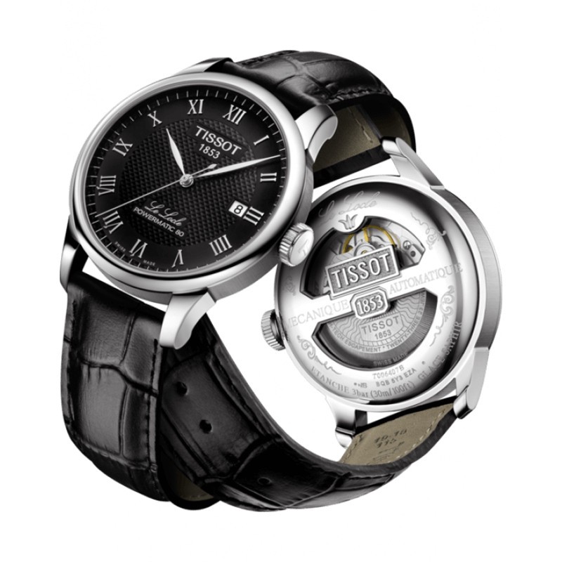 Montre Tissot T-Classic Le Locle Powermatic 80 cadran noir chiffres romains bracelet cuir noir 39,3 mm T006.407.16.053.00