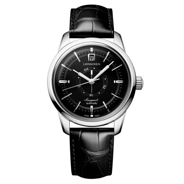 Longines Conquest Heritage Central Power Reserve automatic watch black dial black leather strap 38 mm L1.648.4.52.2