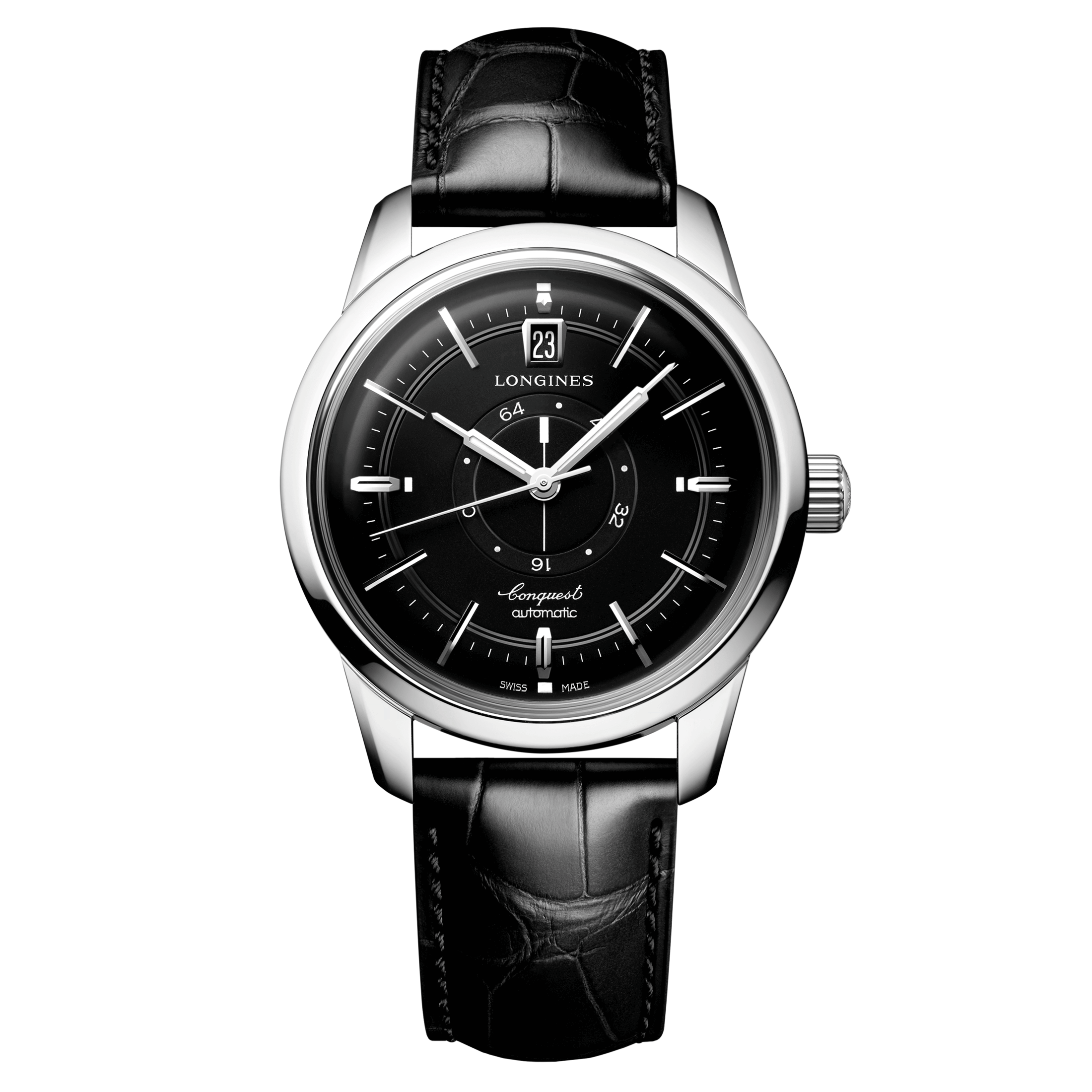 Longines Conquest Heritage Central Power Reserve automatic watch black dial black leather strap 38 mm L1.648.4.52.2