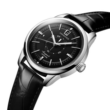 Longines Conquest Heritage Central Power Reserve automatic watch black dial black leather strap 38 mm L1.648.4.52.2