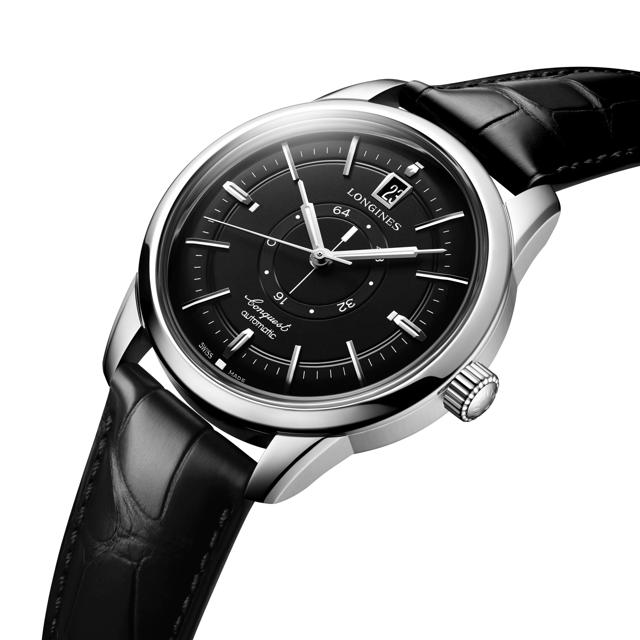 Longines Conquest Heritage Central Power Reserve automatic watch black dial black leather strap 38 mm L1.648.4.52.2