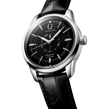 Longines Conquest Heritage Central Power Reserve automatic watch black dial black leather strap 38 mm L1.648.4.52.2
