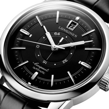 Longines Conquest Heritage Central Power Reserve automatic watch black dial black leather strap 38 mm L1.648.4.52.2