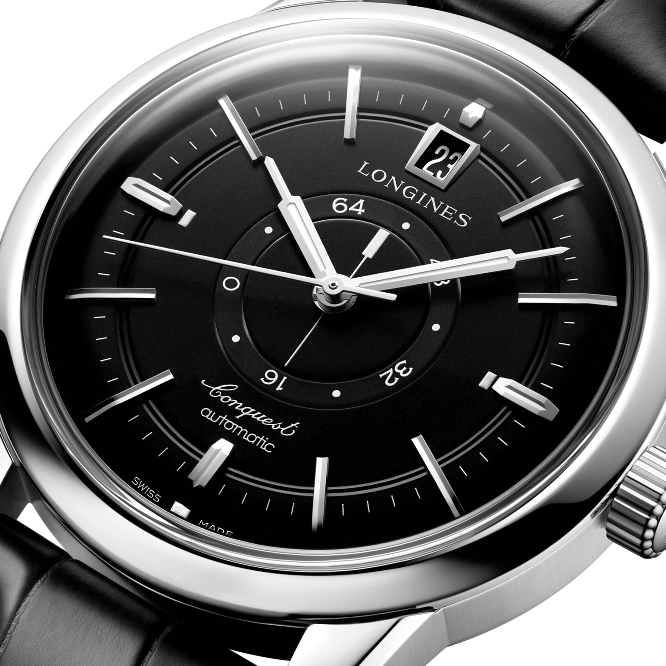Longines Conquest Heritage Central Power Reserve automatic watch black dial black leather strap 38 mm L1.648.4.52.2