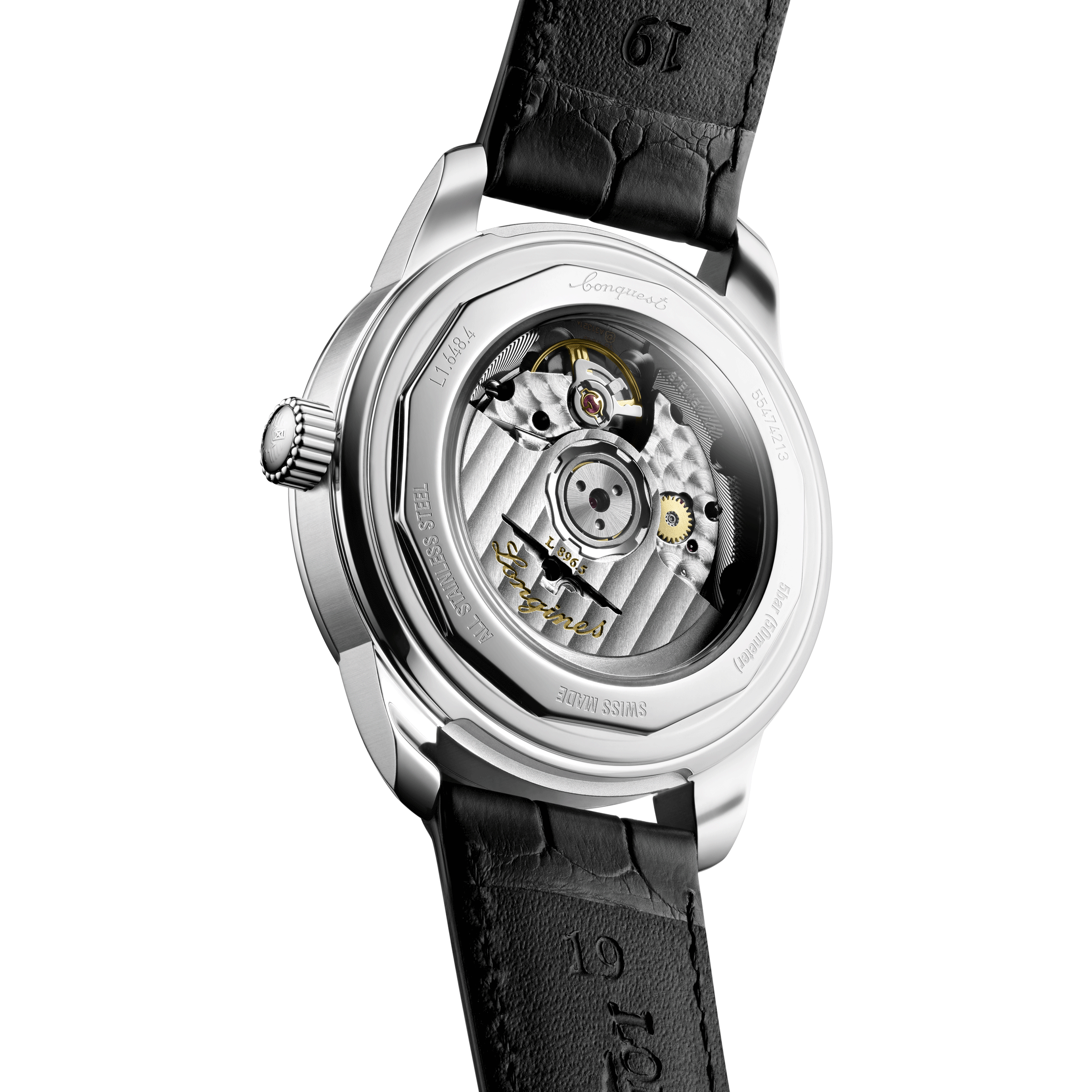Longines Conquest Heritage Central Power Reserve automatic watch black dial black leather strap 38 mm L1.648.4.52.2