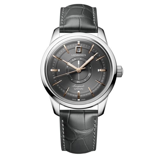 Longines Conquest Heritage Central Power Reserve automatic watch anthracite dial grey leather strap 38 mm L1.648.4.62.2