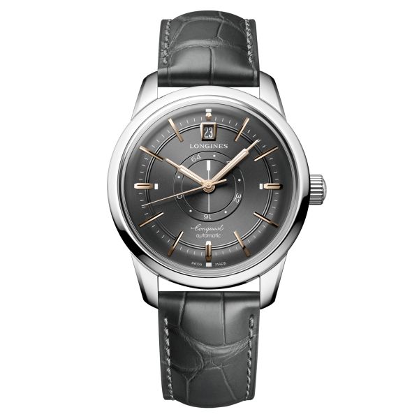 Montre Longines Conquest Heritage Central Power Reserve automatique cadran anthracite bracelet cuir gris 38 mm L1.648.4.62.2