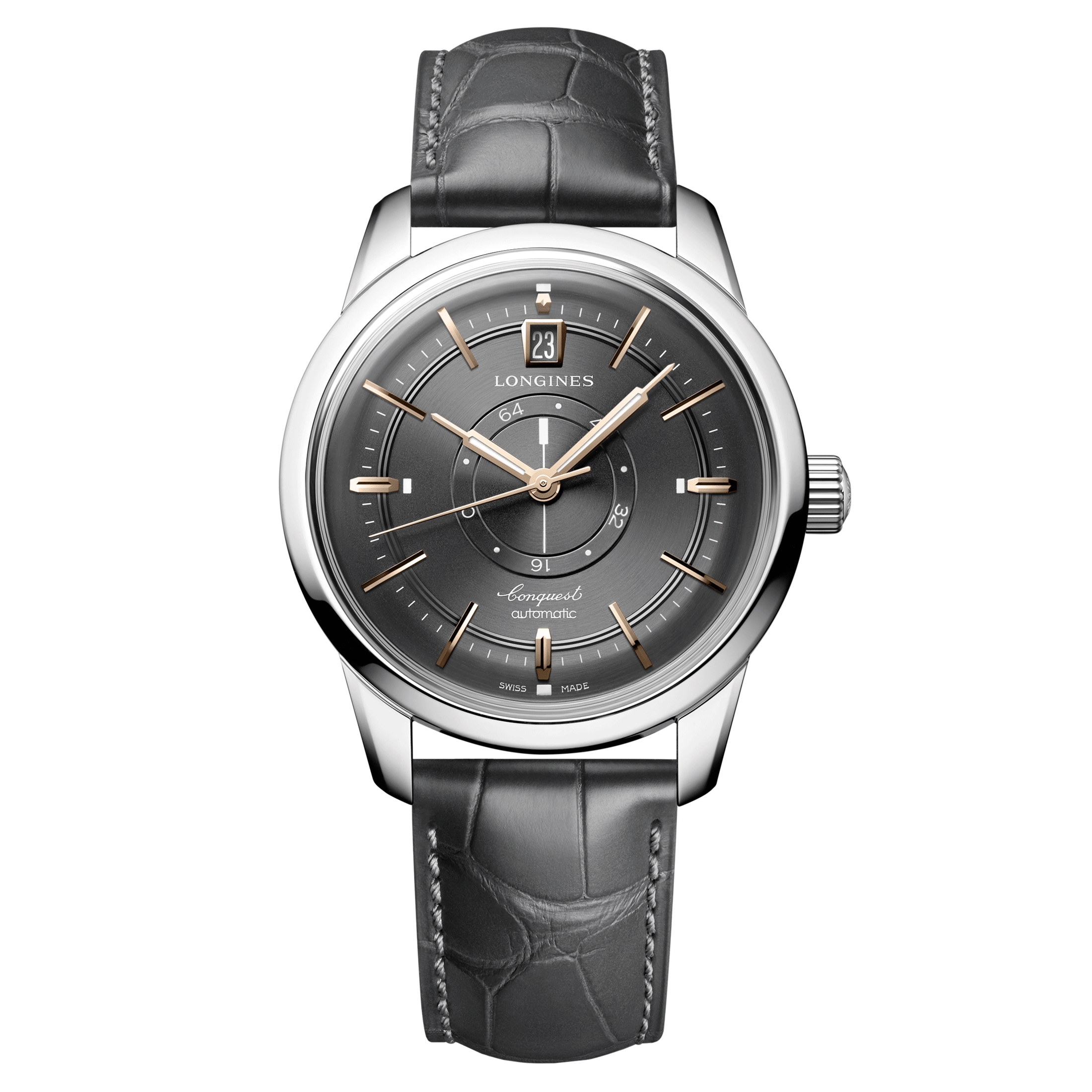Longines Conquest Heritage Central Power Reserve automatic watch anthracite dial grey leather strap 38 mm L1.648.4.62.2