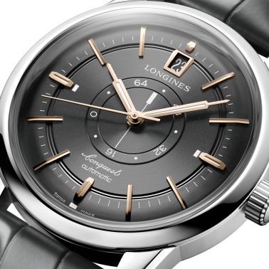 Longines Conquest Heritage Central Power Reserve automatic watch anthracite dial grey leather strap 38 mm L1.648.4.62.2