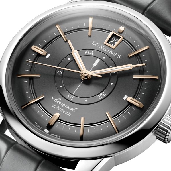 Longines Conquest Heritage Central Power Reserve automatic watch anthracite dial grey leather strap 38 mm L1.648.4.62.2