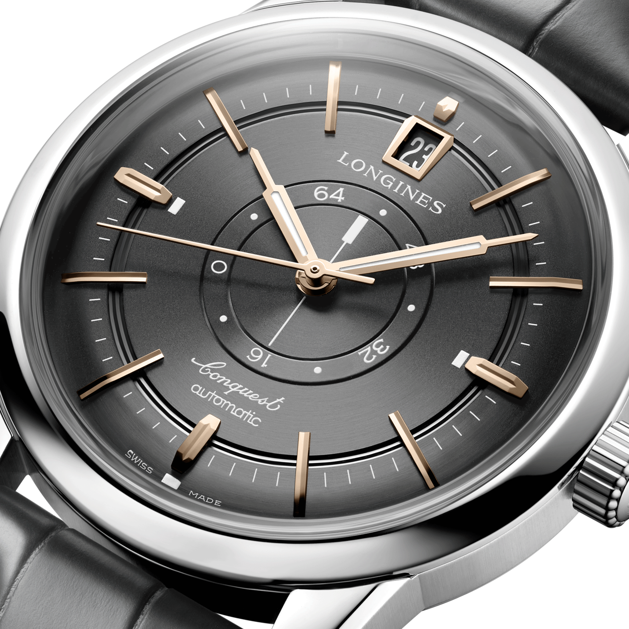 Longines Conquest Heritage Central Power Reserve automatic watch anthracite dial grey leather strap 38 mm L1.648.4.62.2