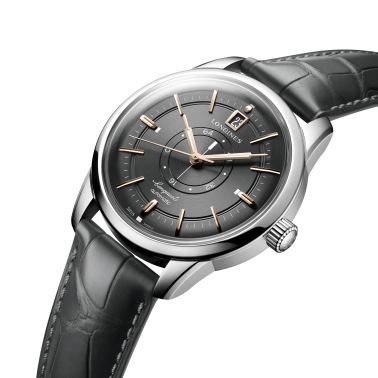 Longines Conquest Heritage Central Power Reserve automatic watch anthracite dial grey leather strap 38 mm L1.648.4.62.2