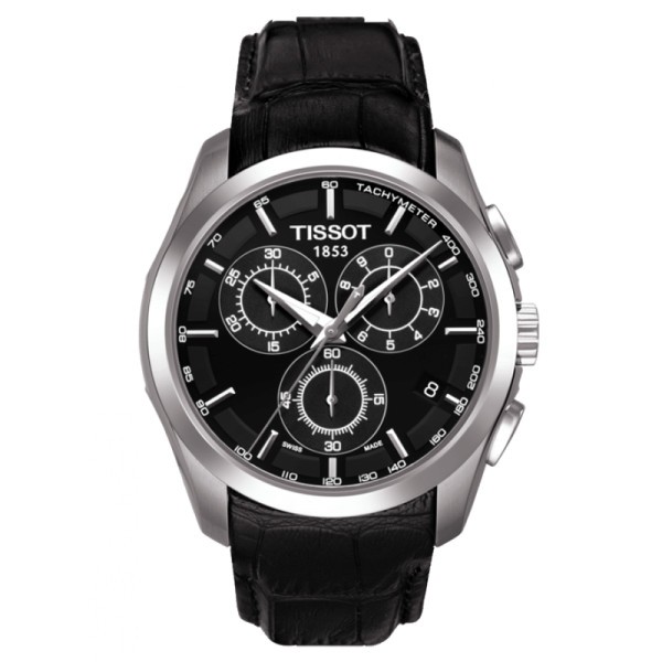 Montre Tissot T-Classic Couturier quartz chronographe cadran noir bracelet cuir noir 41 mm