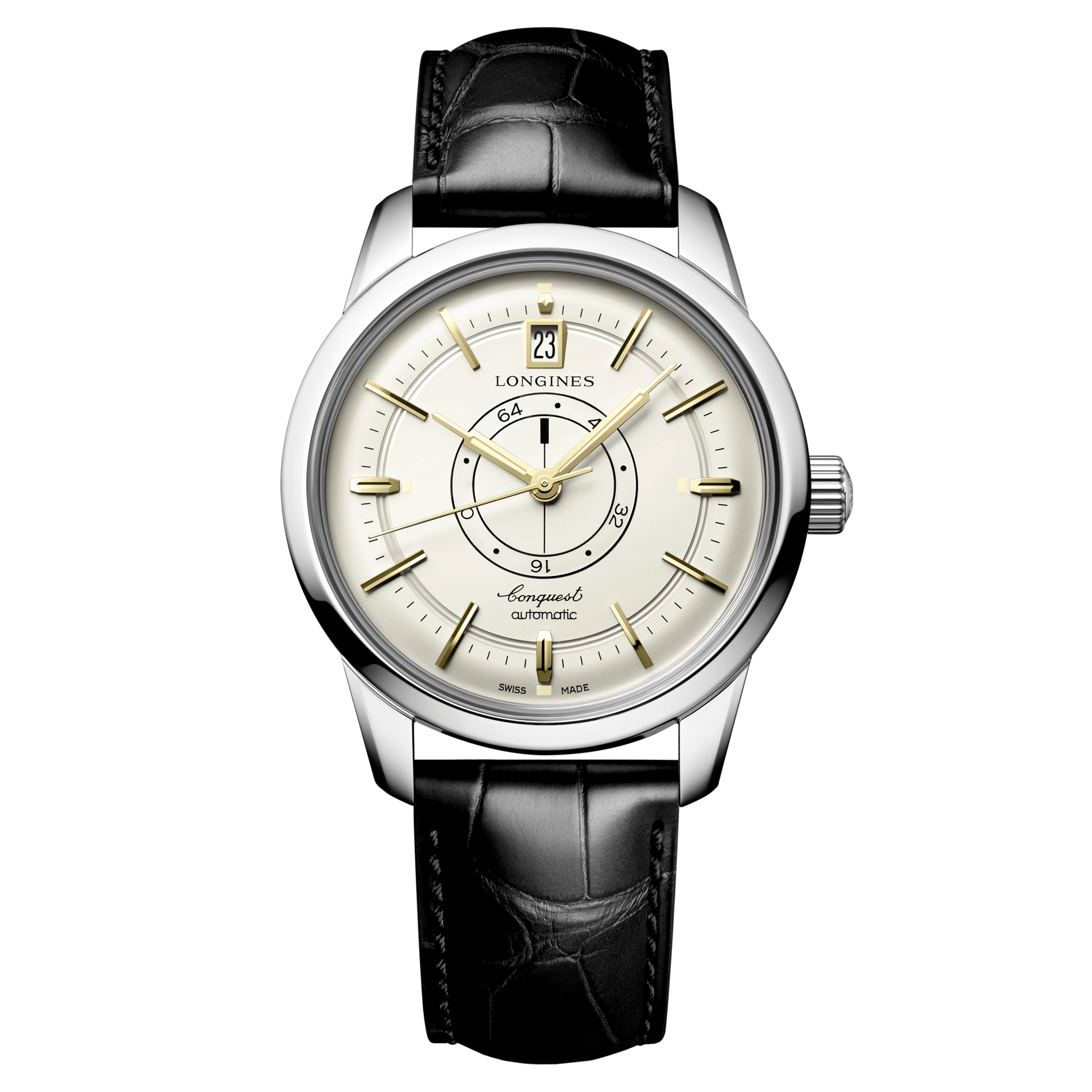 Longines Conquest Heritage Central Power Reserve automatic watch champagne dial black leather strap 38 mm L1.648.4.78.2