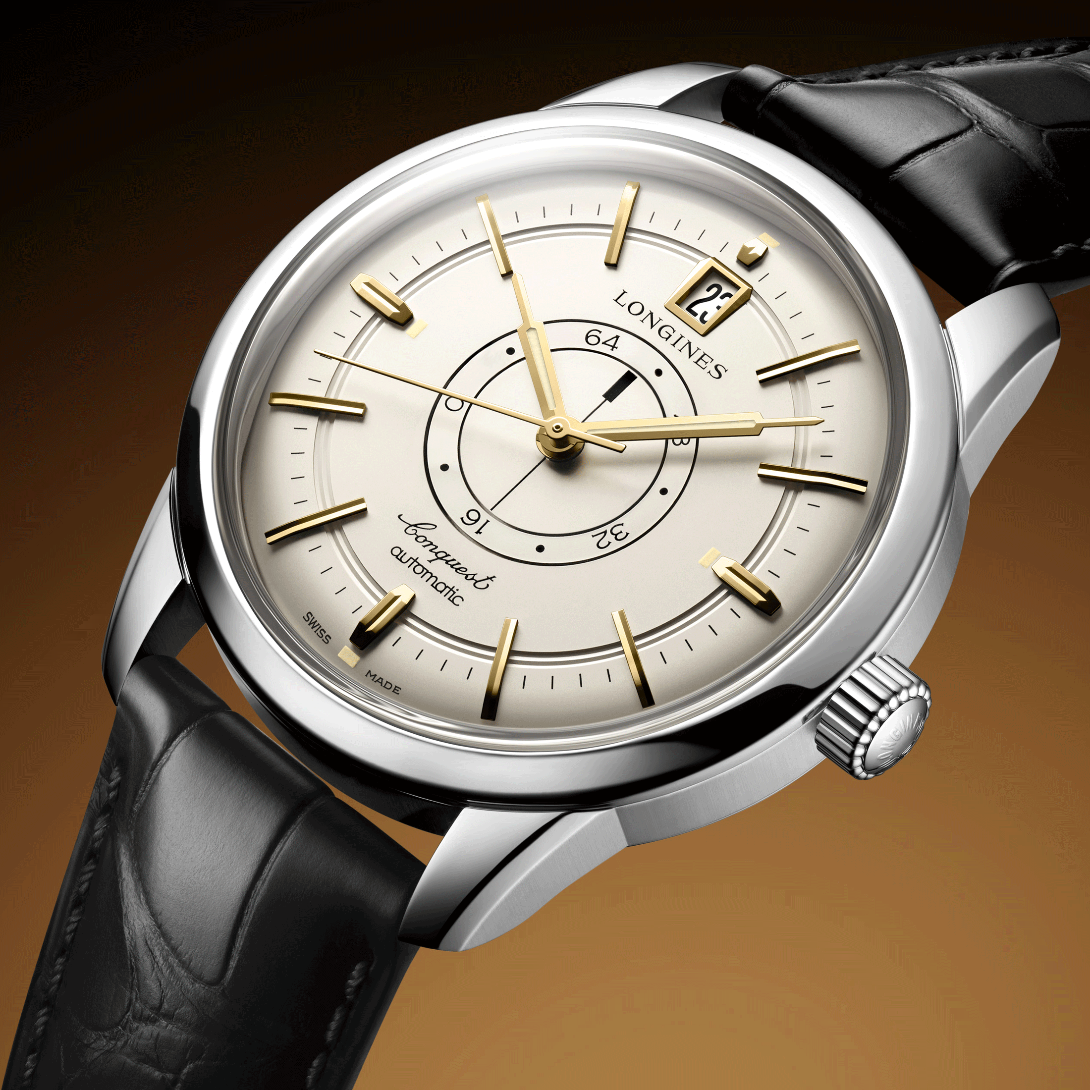 Montre Longines Conquest Heritage Central Power Reserve automatique cadran champagne bracelet cuir noir 38 mm L1.648.4.78.2