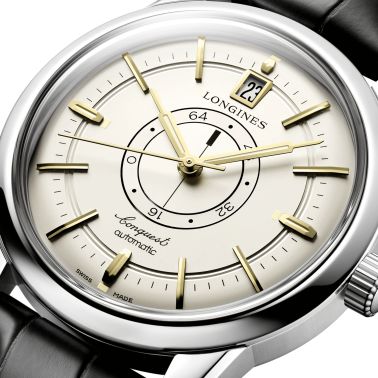 Montre Longines Conquest Heritage Central Power Reserve automatique cadran champagne bracelet cuir noir 38 mm L1.648.4.78.2