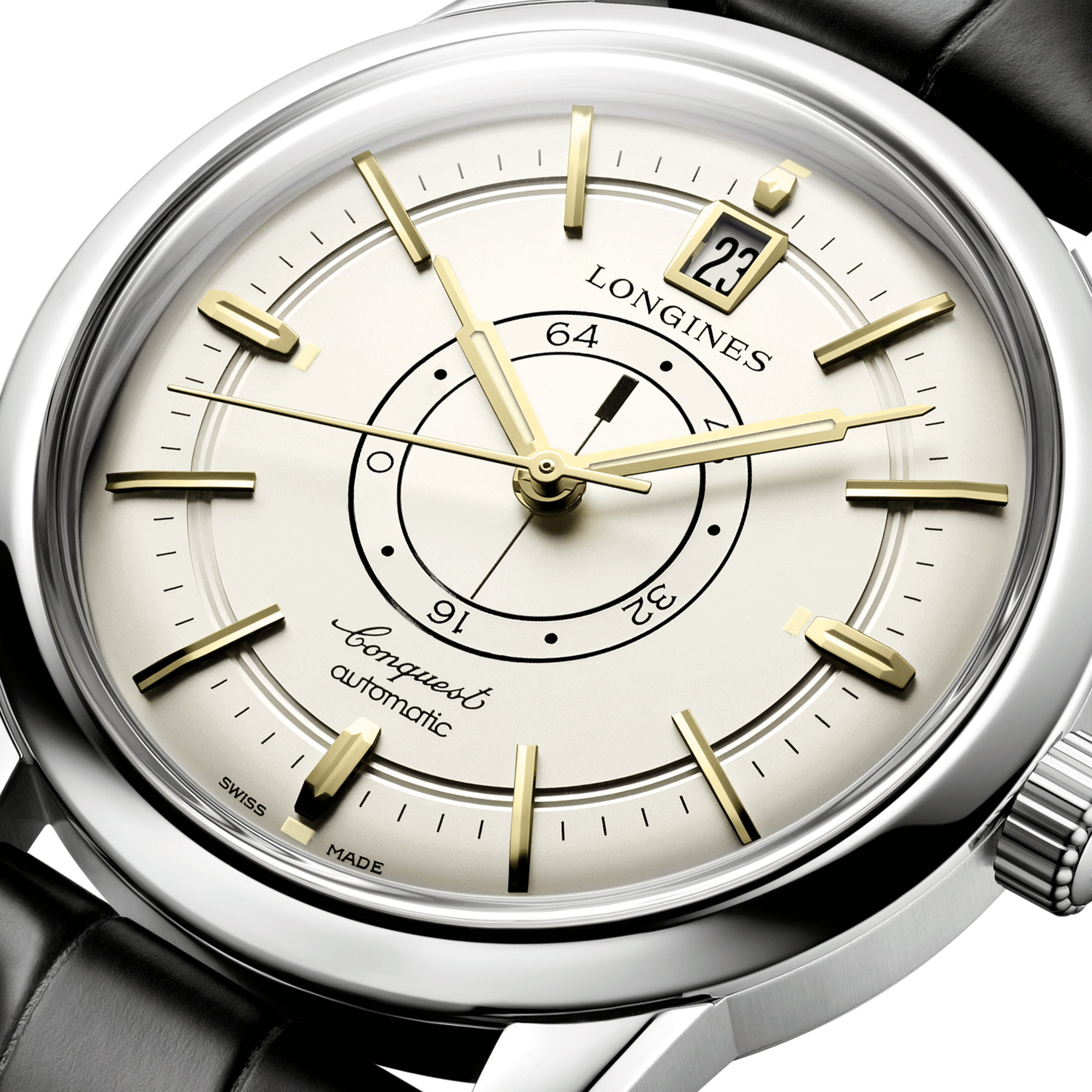 Montre Longines Conquest Heritage Central Power Reserve automatique cadran champagne bracelet cuir noir 38 mm L1.648.4.78.2