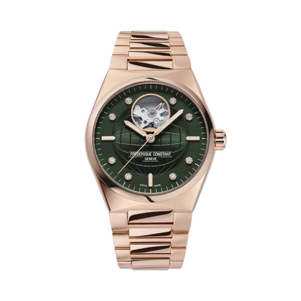Frédérique Constant Highlife Ladies Heart Beat automatic PVD pink gold green dial steel bracelet 34 mm