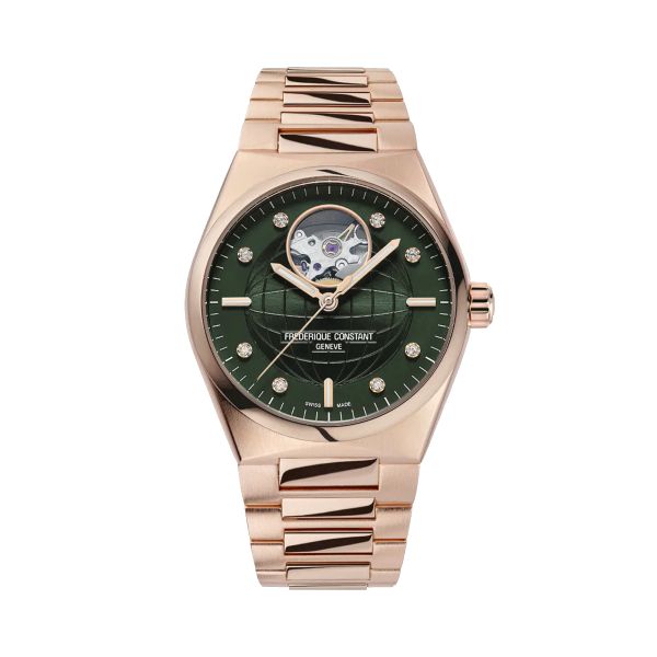 Frédérique Constant Highlife Ladies Heart Beat automatic PVD pink gold green dial steel bracelet 34 mm