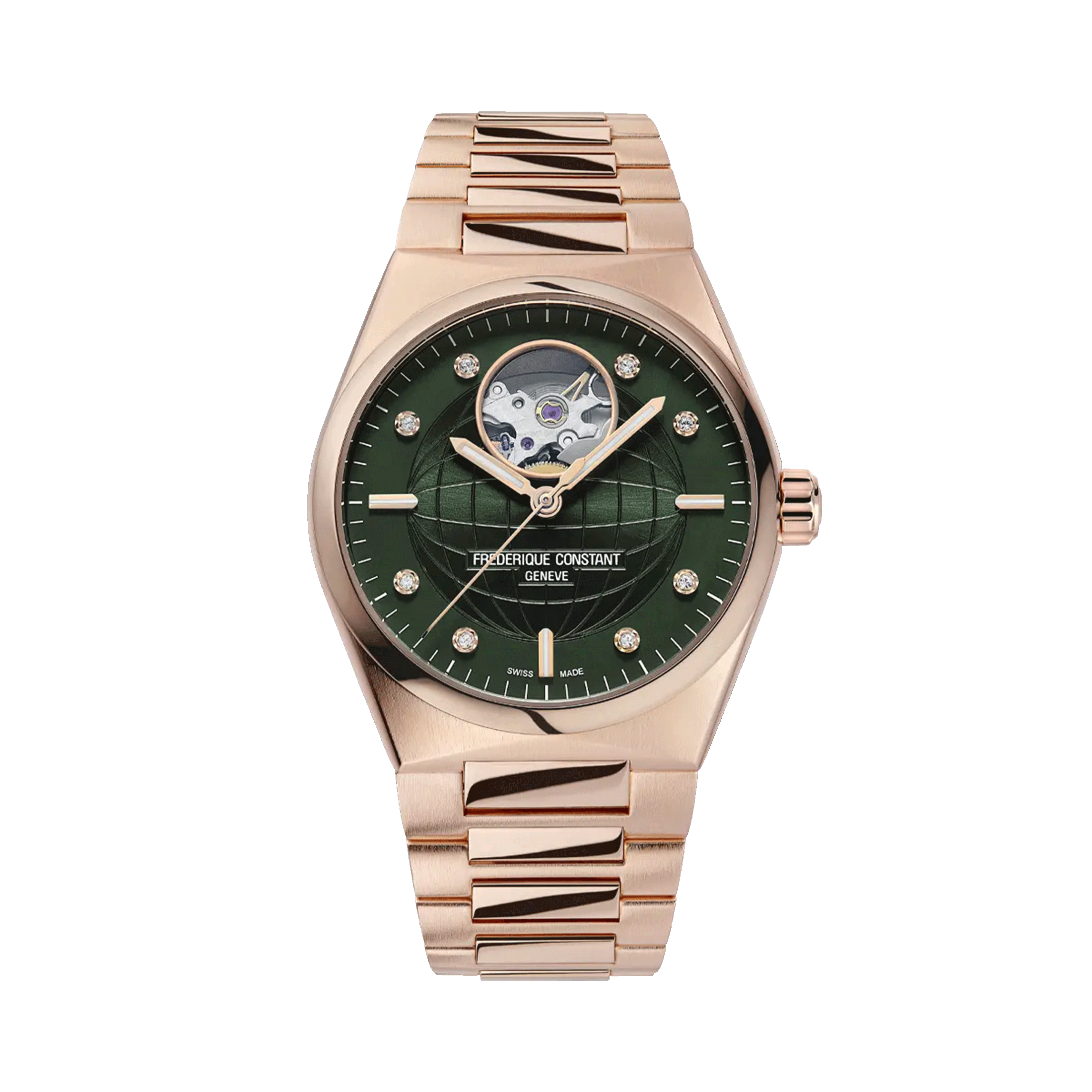 Frédérique Constant Highlife Ladies Heart Beat automatic PVD pink gold green dial steel bracelet 34 mm