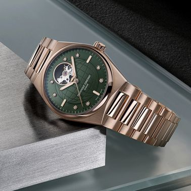Frédérique Constant Highlife Ladies Heart Beat automatic PVD pink gold green dial steel bracelet 34 mm