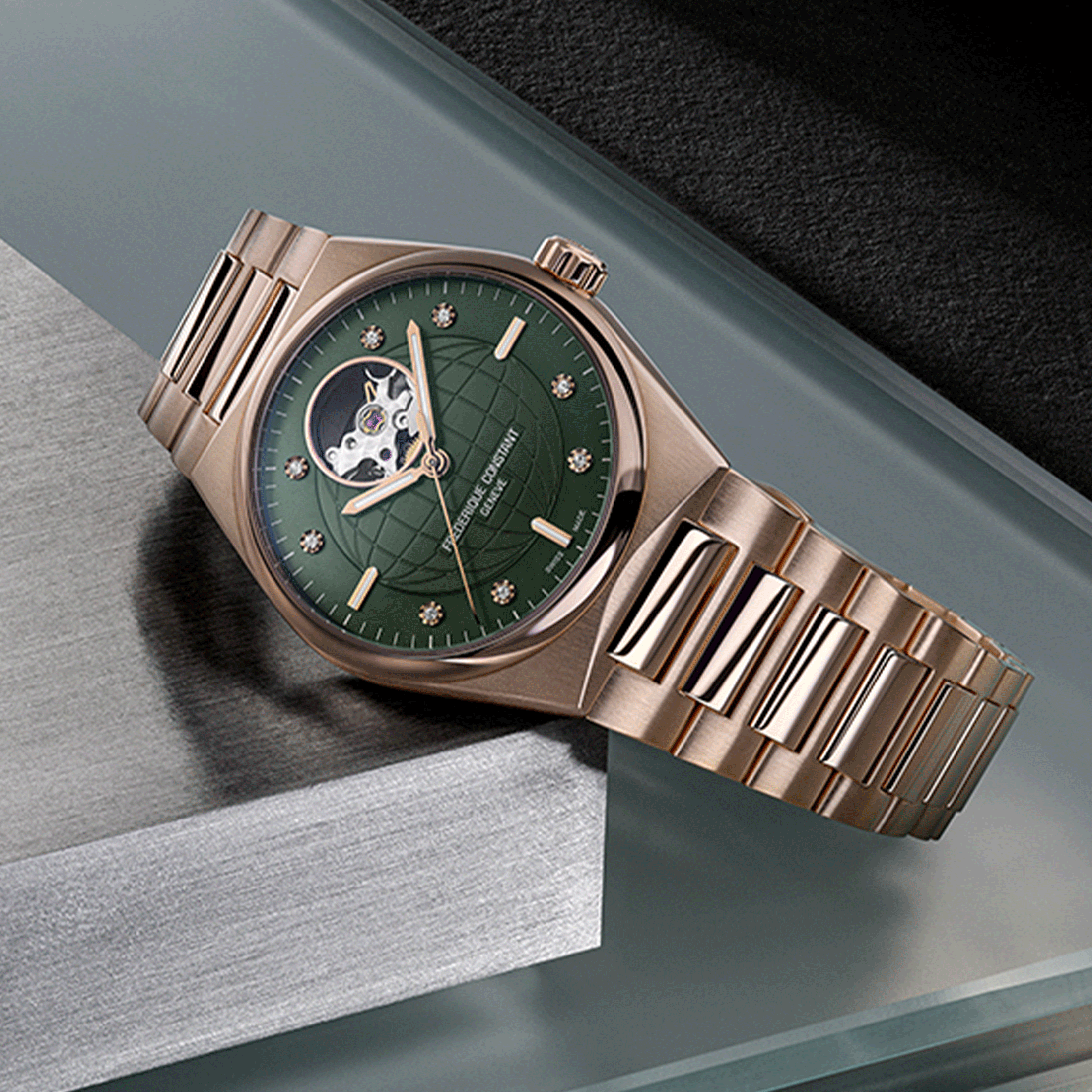 Frédérique Constant Highlife Ladies Heart Beat automatic PVD pink gold green dial steel bracelet 34 mm