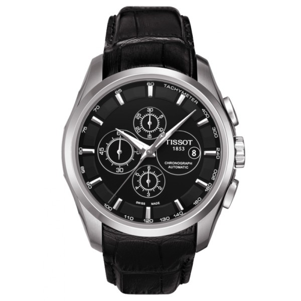 Montre Tissot T-Classic Couturier automatique chronographe cadran noir bracelet cuir noir 43 mm