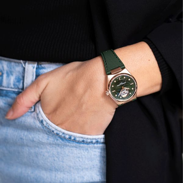 Frédérique Constant Highlife Ladies Heart Beat automatic PVD pink gold green dial steel bracelet 34 mm