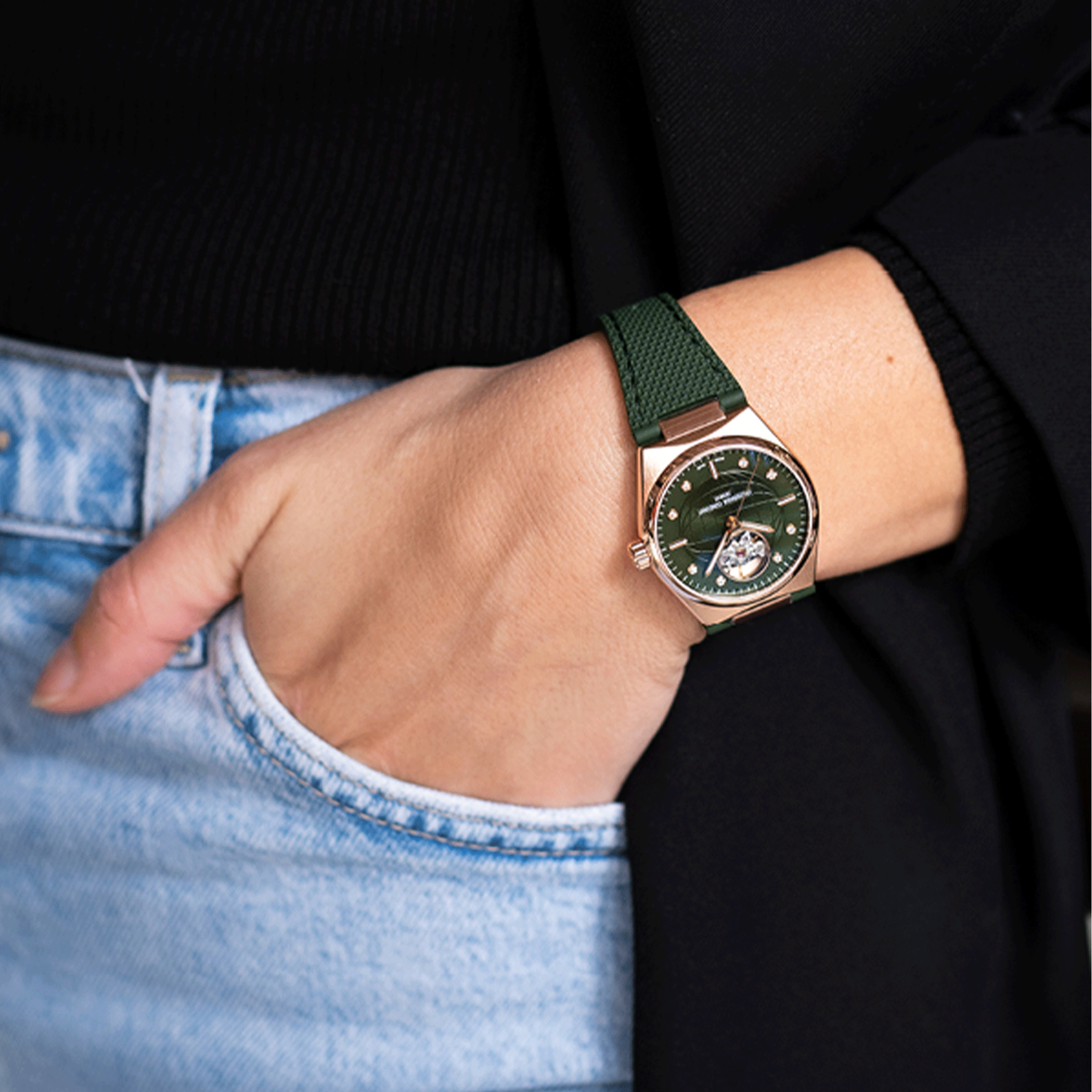 Frédérique Constant Highlife Ladies Heart Beat automatic PVD pink gold green dial steel bracelet 34 mm