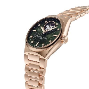 Frédérique Constant Highlife Ladies Heart Beat automatic PVD pink gold green dial steel bracelet 34 mm