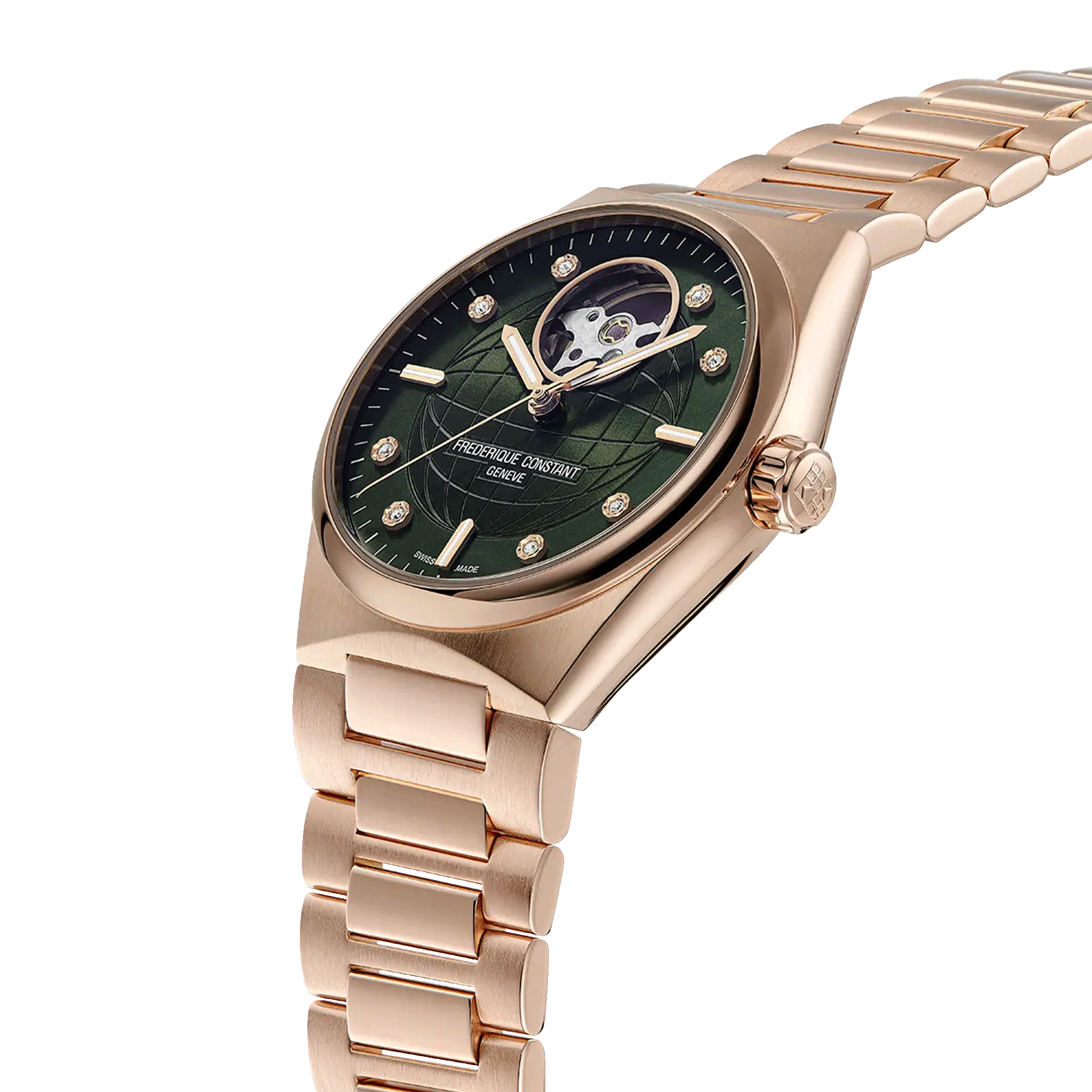 Frédérique Constant Highlife Ladies Heart Beat automatic PVD pink gold green dial steel bracelet 34 mm