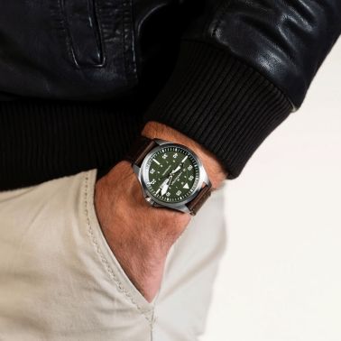Hamilton Khaki Aviation Pilot Day Date automatic watch green dial brown leather strap 42 mm