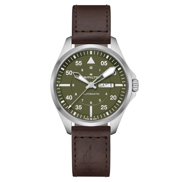 Hamilton Khaki Aviation Pilot Day Date automatic watch green dial brown leather strap 42 mm